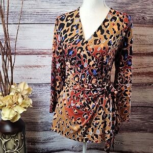 Anne Klein Multicolor Animal Print Wrap Blouse